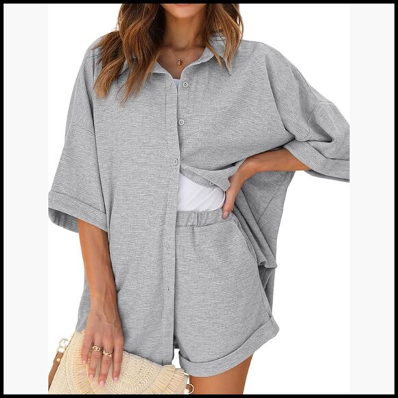 Waffle Knit Lounge Set Short Sleeve Pajamas Button Down Oversized